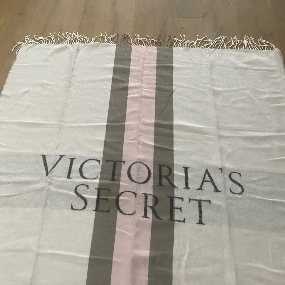 Victoria's Secret Cream Pink Gray Stripe Logo Fringe Blanket Throw 52 x 61